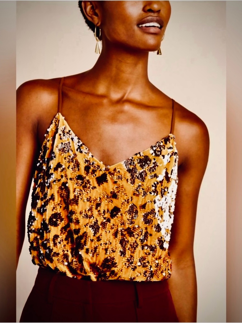 ♥️ RO + DE Sequin Leopard Print Cami Tank Top - Mustard ANTHROPOLOGIE SEQUIN - Picture 12 of 16